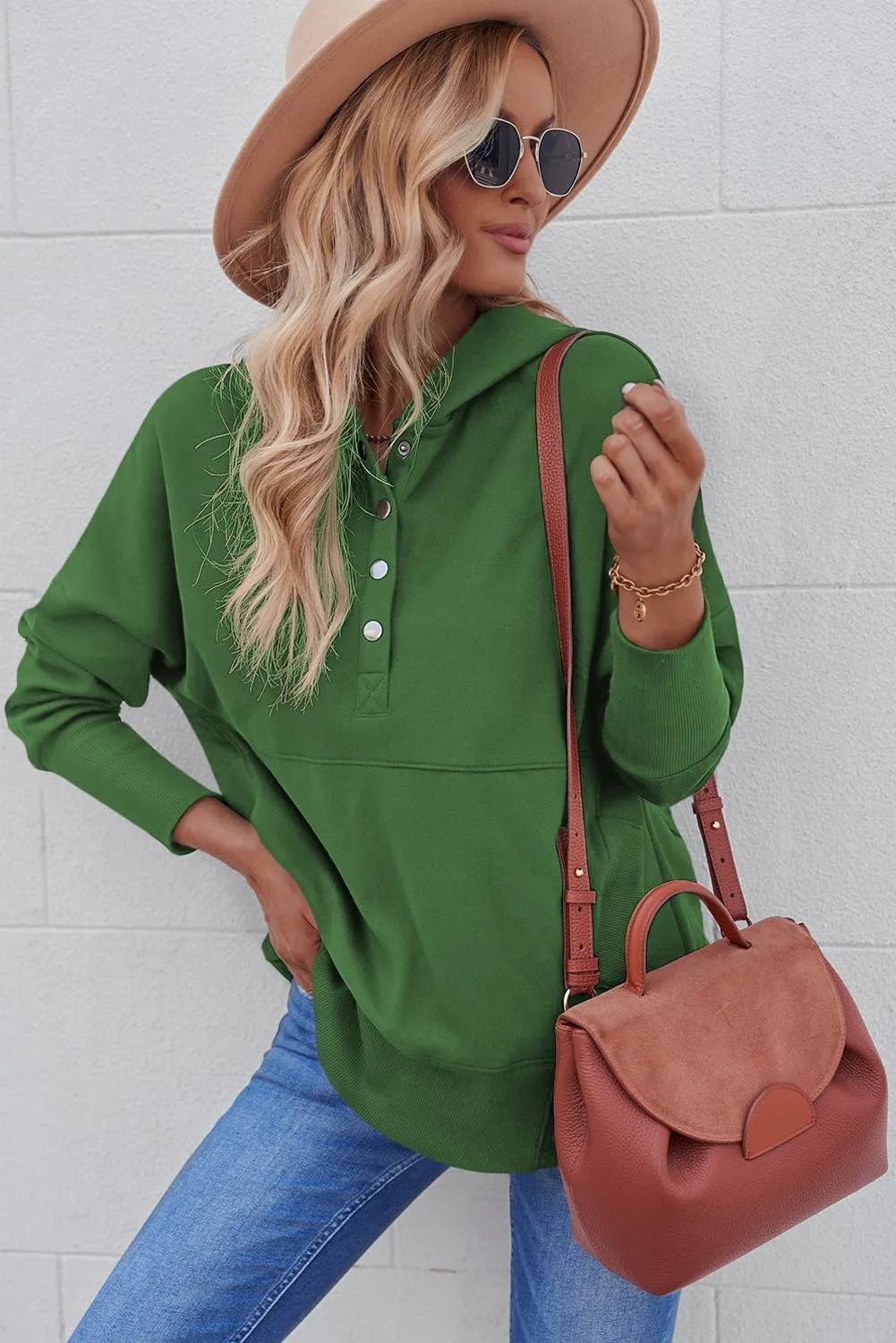 AlvaQ Women Casual Button V Neck Hoodies Oversized Pullover Sweatshirt Hooded Tops with Pockets