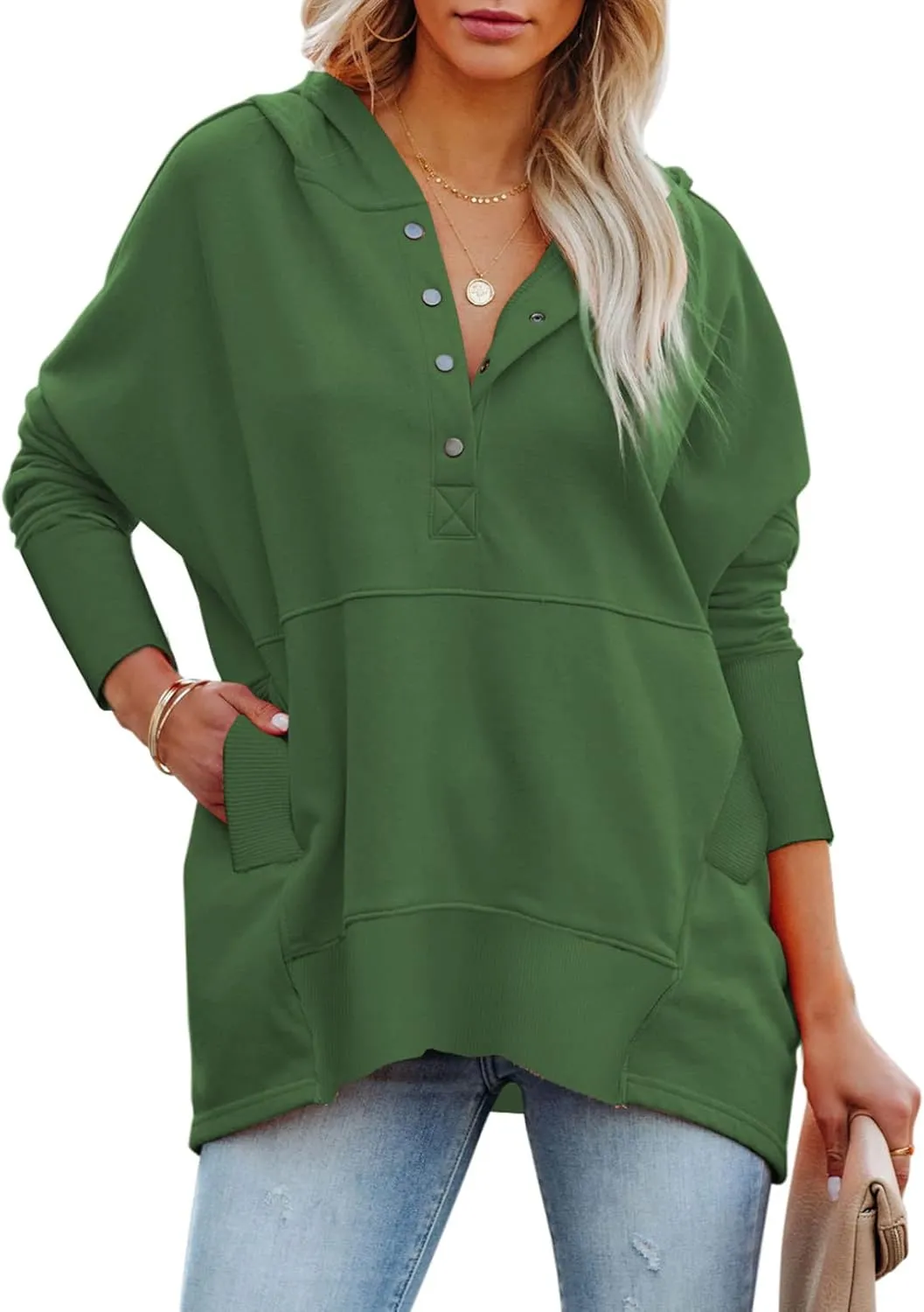 AlvaQ Women Casual Button V Neck Hoodies Oversized Pullover Sweatshirt Hooded Tops with Pockets