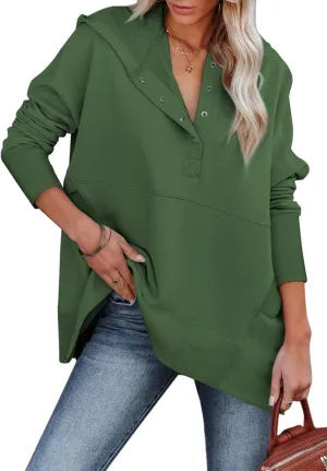 AlvaQ Women Casual Button V Neck Hoodies Oversized Pullover Sweatshirt Hooded Tops with Pockets