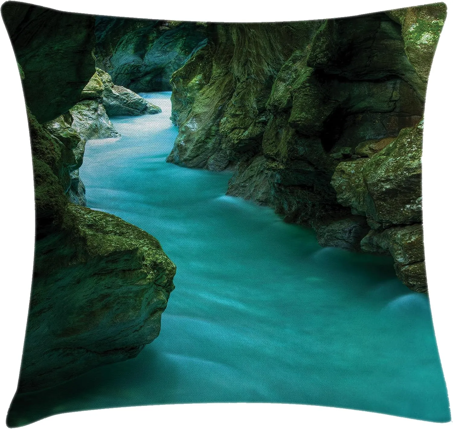 Ambesonne Waterfall Throw Pillow Cushion Cover, Tolminka Alpine River Water and Caves Exotic Nature Travel Picture, Decorative Square Accent Pillow Case, 24" X 24", Turquoise Dark Green