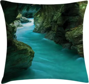 Ambesonne Waterfall Throw Pillow Cushion Cover, Tolminka Alpine River Water and Caves Exotic Nature Travel Picture, Decorative Square Accent Pillow Case, 24" X 24", Turquoise Dark Green