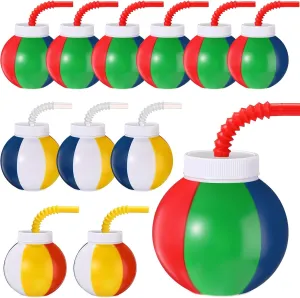 Amyhill Beach Theme Party Supplies Beach Ball Favor Cups with Straws and Lids, 10 oz Plastic Swimming Pool Cups Bulk for Kids Birthday Summer Party(12 Set)