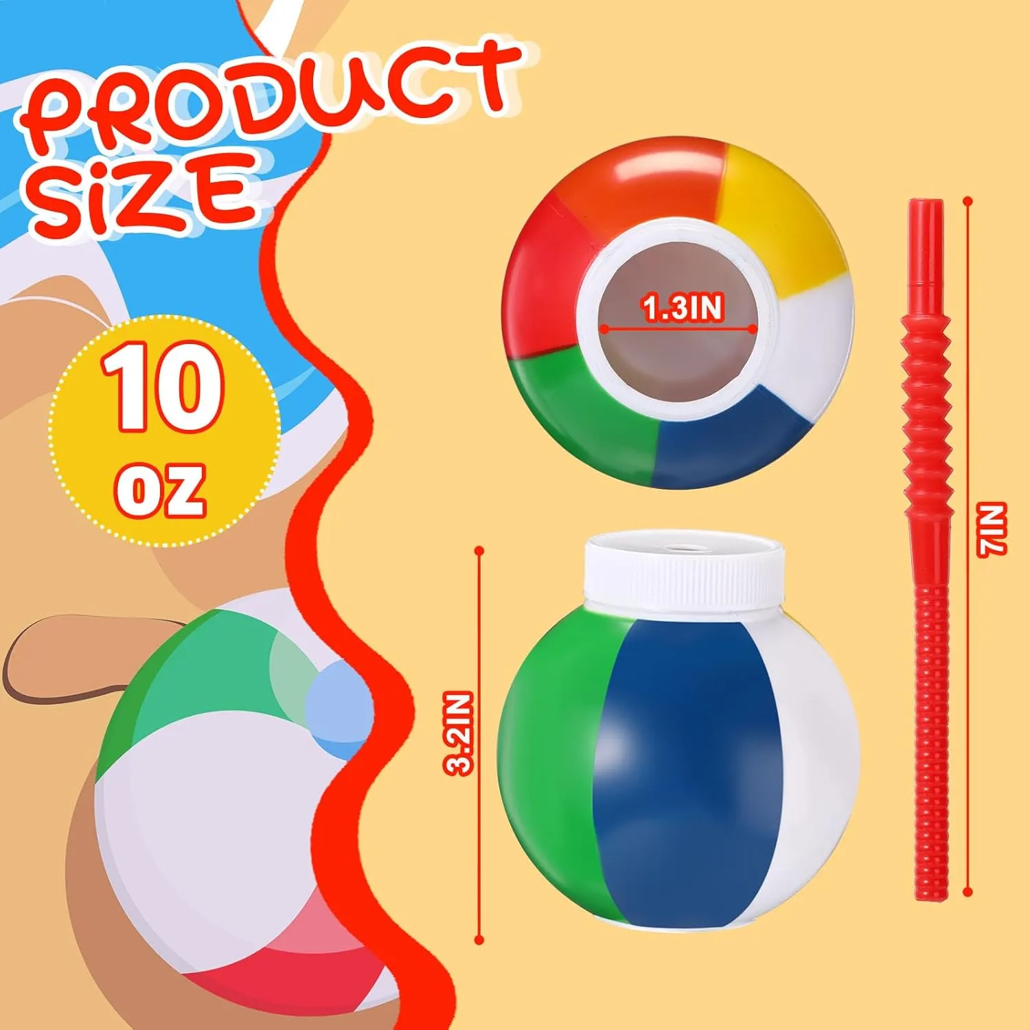 Amyhill Beach Theme Party Supplies Beach Ball Favor Cups with Straws and Lids, 10 oz Plastic Swimming Pool Cups Bulk for Kids Birthday Summer Party(12 Set)