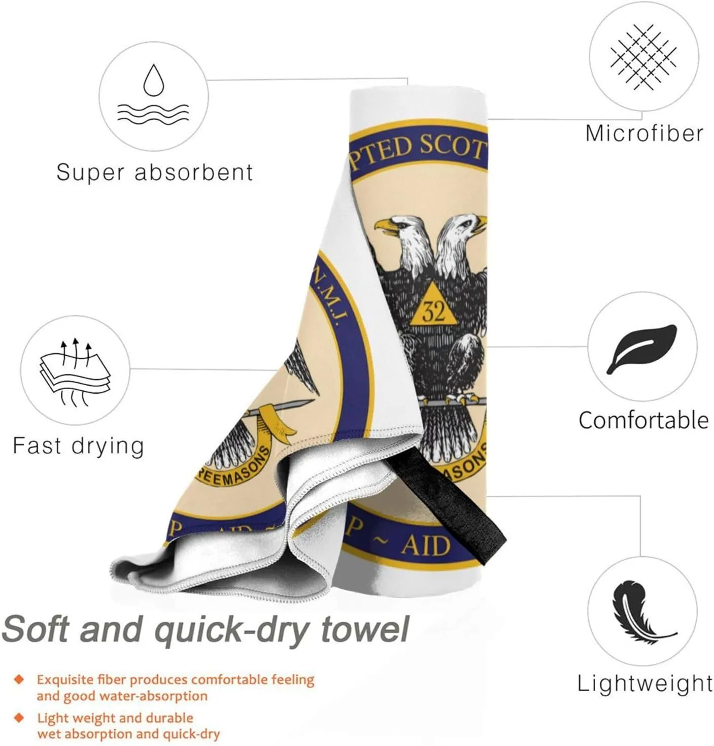 Ancient Accepted Scottish Rite Masonic Beach Towel Quick Dry Sand Free Lightweight Large 31.5"x63" with Travel Bag - Vacation Essentials Bath Towel for Pool, Summer