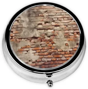 Ancient Worn Brick Wall Pill Box Round Pill Case for Pocket Purse 3 Compartment Medicine Pill Organizer Cute Portable Travel Pillbox Vitamin Cod Liver Oil Storage Box Unique Gift Organizer