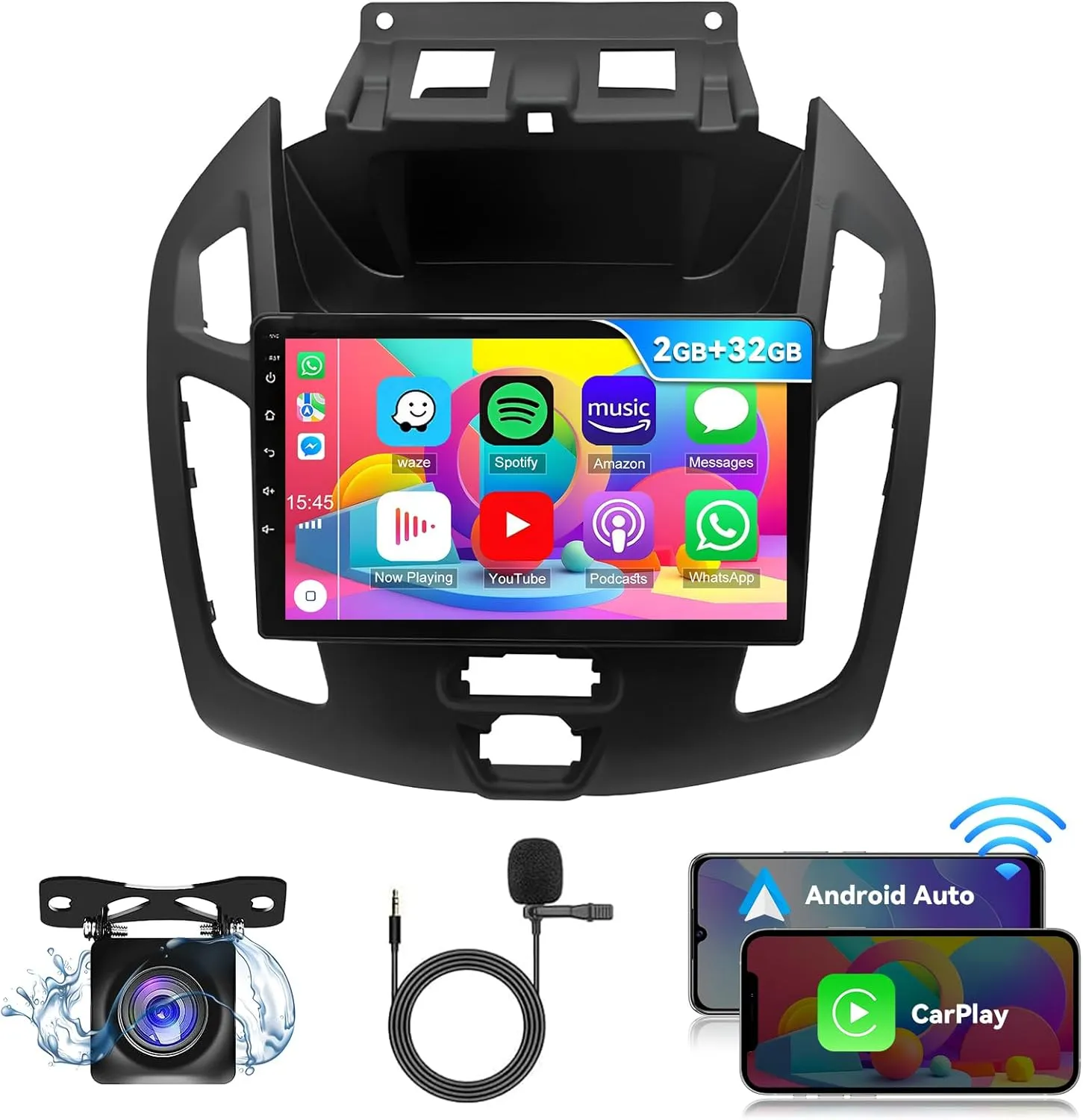 Android 13.0 Double Din Car Stereo - 9 Inch Touch Screen Radio Android Auto CarPlay Car Audio Multimedia Receiver with GPS Bluetooth ＆ Backup Camera for Ford Transit Connect 2014-2018