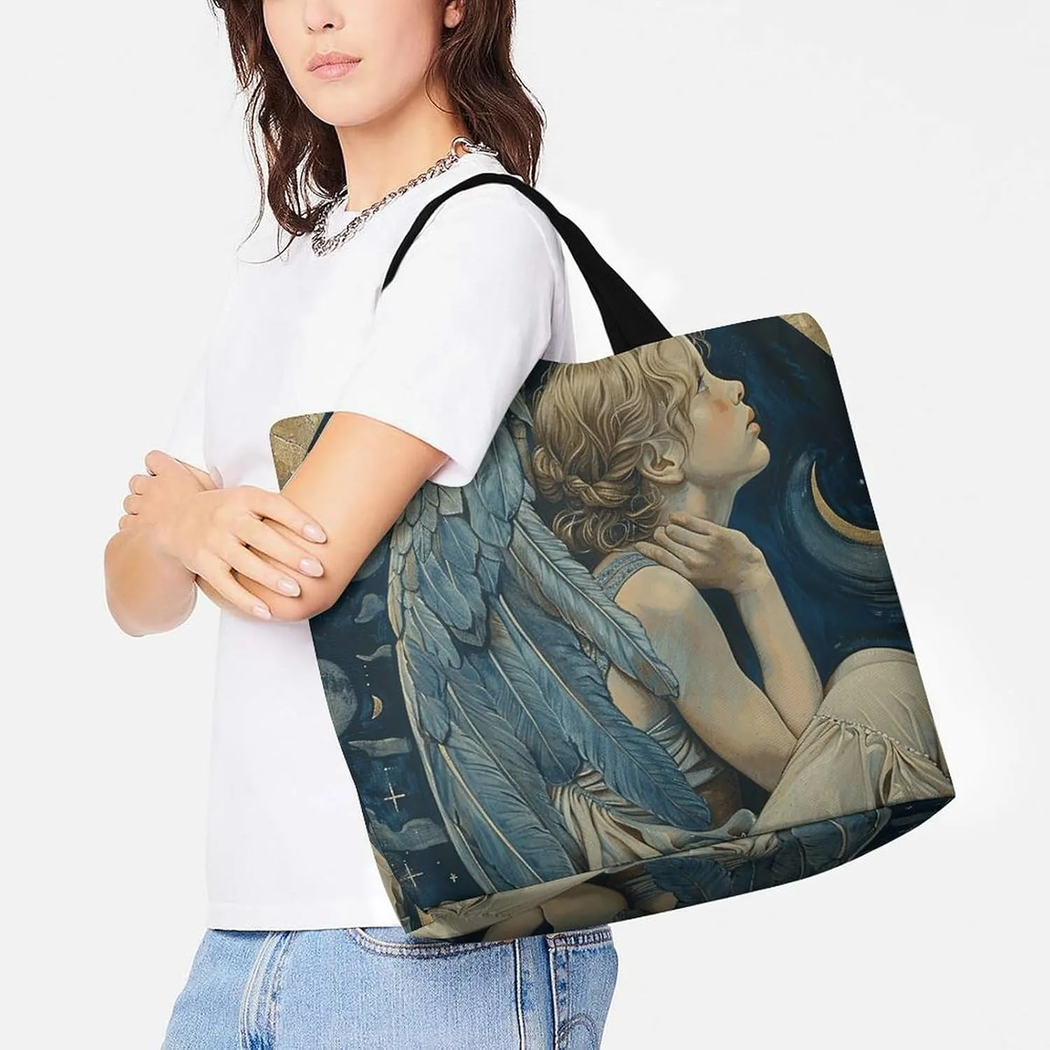 Angel with Blue Wings Tote Bags, Reusable Grocery Bags, Large Shopping Bag, Shoulder Bag for Women