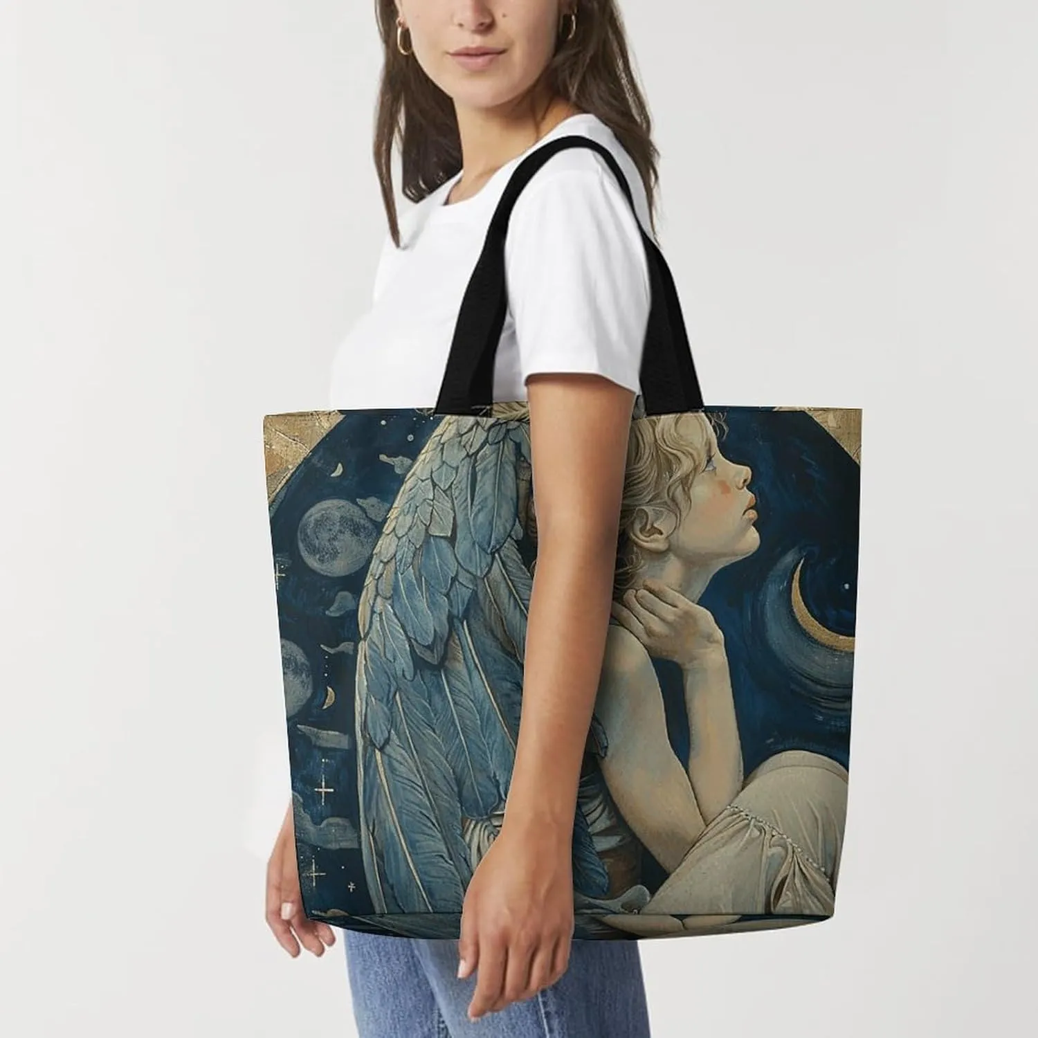 Angel with Blue Wings Tote Bags, Reusable Grocery Bags, Large Shopping Bag, Shoulder Bag for Women