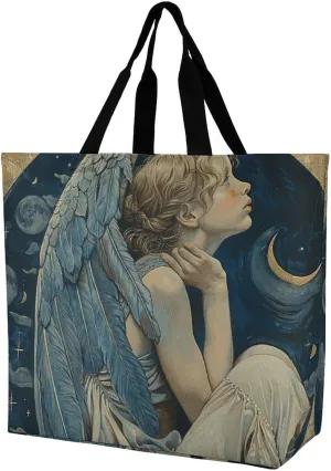 Angel with Blue Wings Tote Bags, Reusable Grocery Bags, Large Shopping Bag, Shoulder Bag for Women