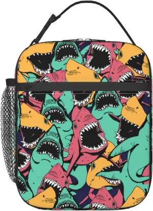 Angry Shark Cartoon Style Portable Lunch Bag Insulated Meal Bag Reusable Lunch Box Cooler Bag Food Container For School Work Travel Picnic Camping