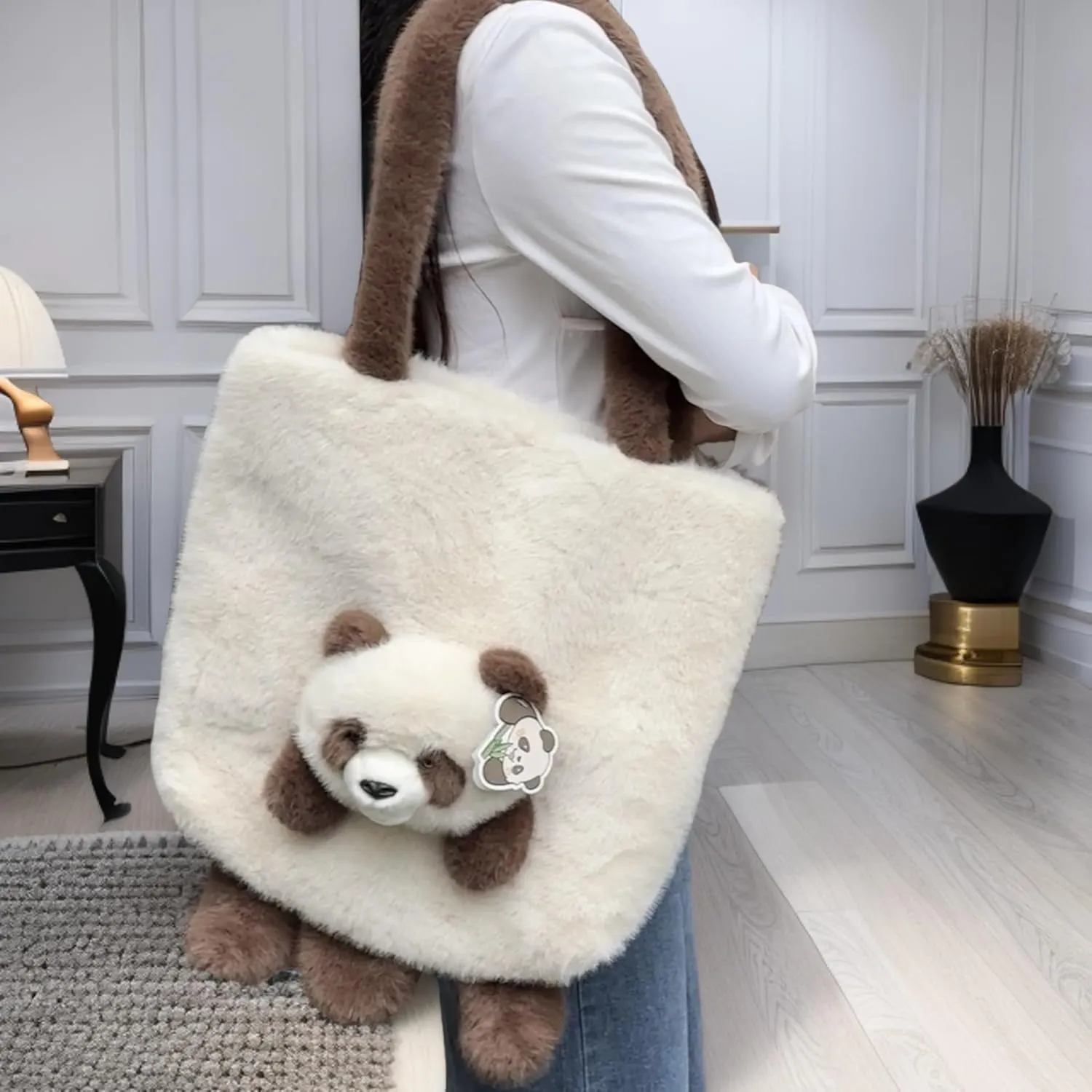 Animal Plush Shoulder Bag Large Capacity Cute Panda Furry Slouchy Tote