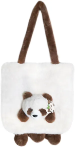 Animal Plush Shoulder Bag Large Capacity Cute Panda Furry Slouchy Tote