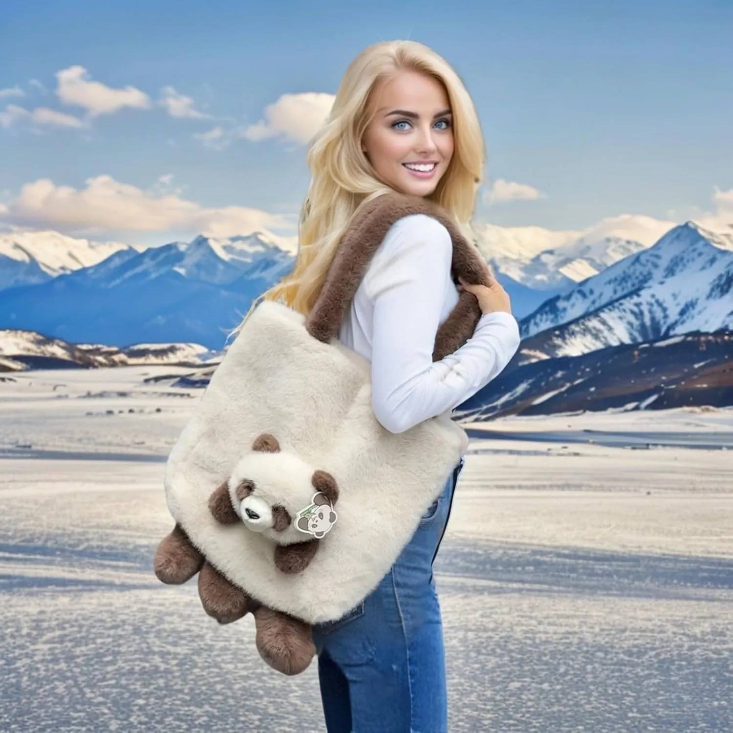 Animal Plush Shoulder Bag Large Capacity Cute Panda Furry Slouchy Tote