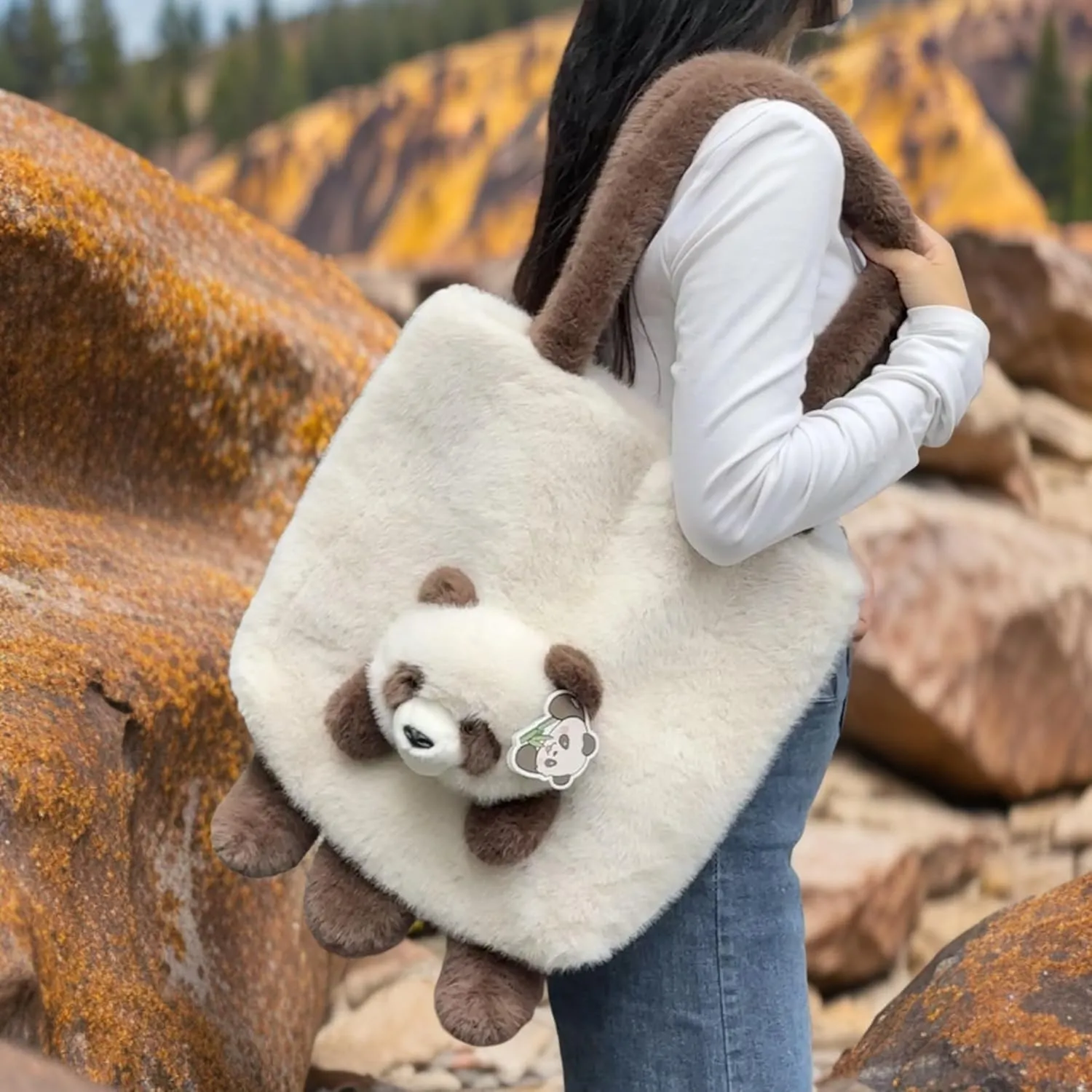 Animal Plush Shoulder Bag Large Capacity Cute Panda Furry Slouchy Tote