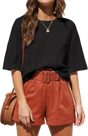 ANRABESS Women Linen Shirts Short Sleeve Oversized Casual Loose Crop Tops Tshirts Summer Cute Tees Outfits Blouse 2025