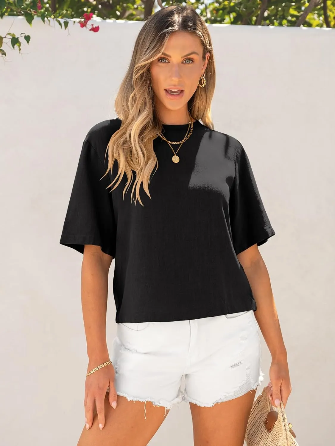 ANRABESS Women Linen Shirts Short Sleeve Oversized Casual Loose Crop Tops Tshirts Summer Cute Tees Outfits Blouse 2025