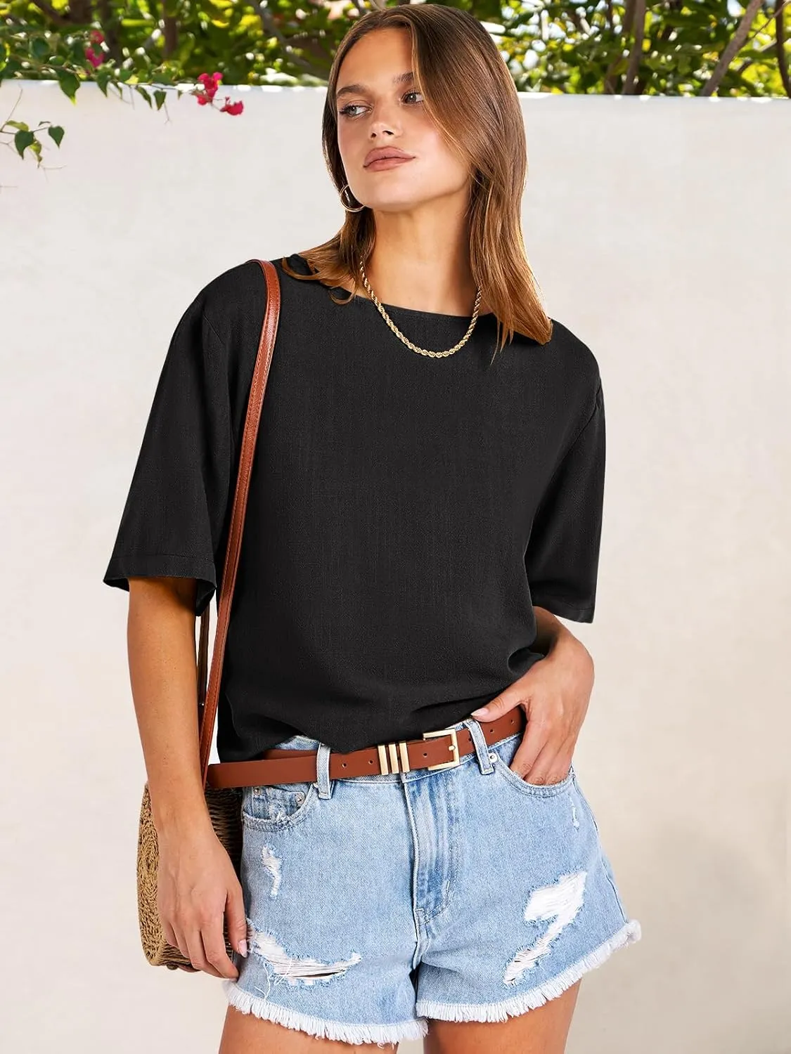 ANRABESS Women Linen Shirts Short Sleeve Oversized Casual Loose Crop Tops Tshirts Summer Cute Tees Outfits Blouse 2025