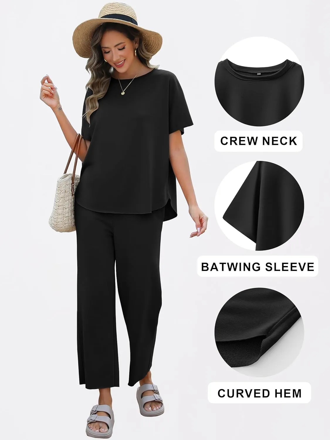 ANRABESS Women's 2 Piece Outfits 3/4 Batwing Sleeve Top Wide Leg Crop Pants Sets 2025 Summer Beach Travel Lounge Set Clothes