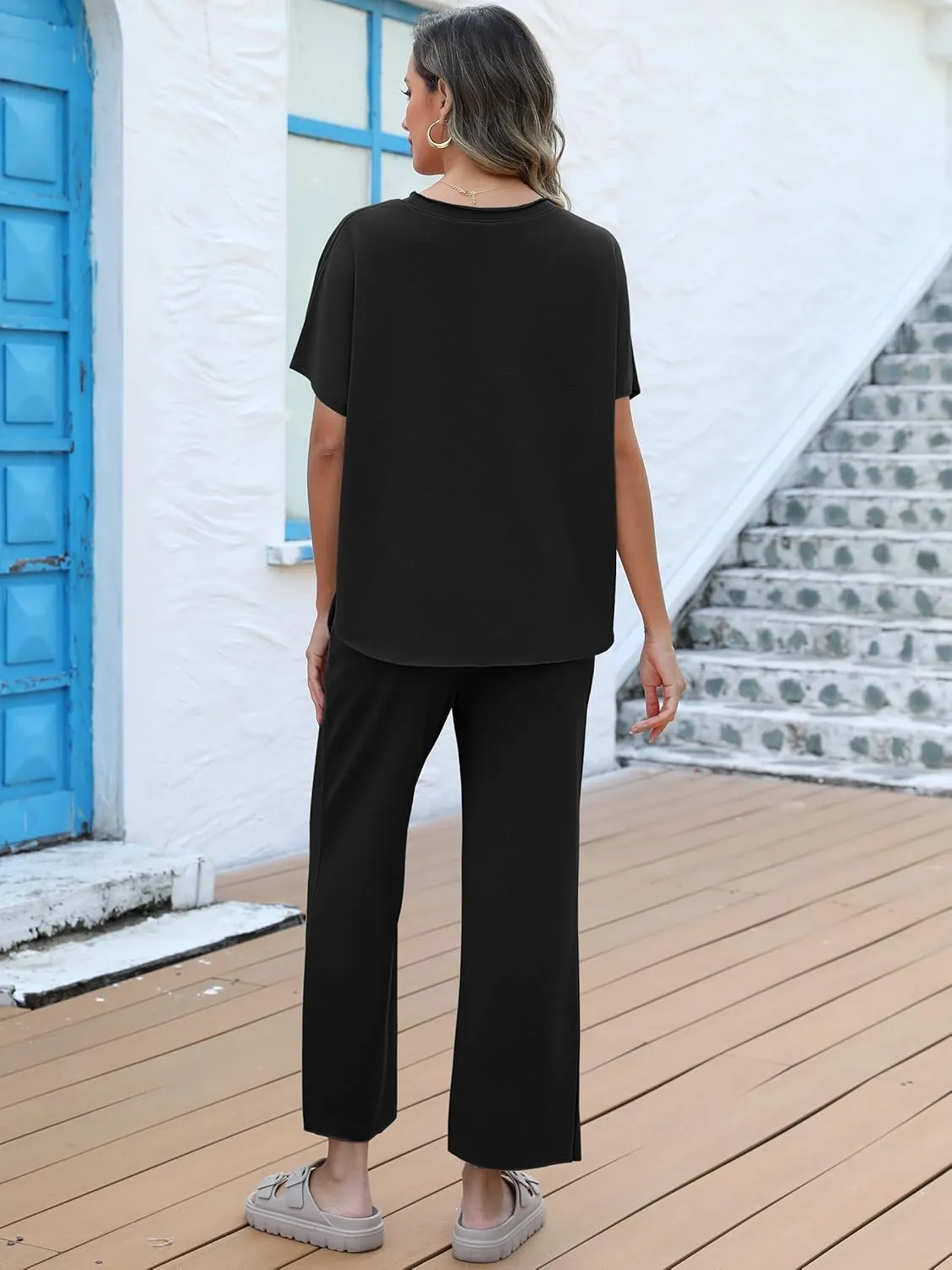 ANRABESS Women's 2 Piece Outfits 3/4 Batwing Sleeve Top Wide Leg Crop Pants Sets 2025 Summer Beach Travel Lounge Set Clothes