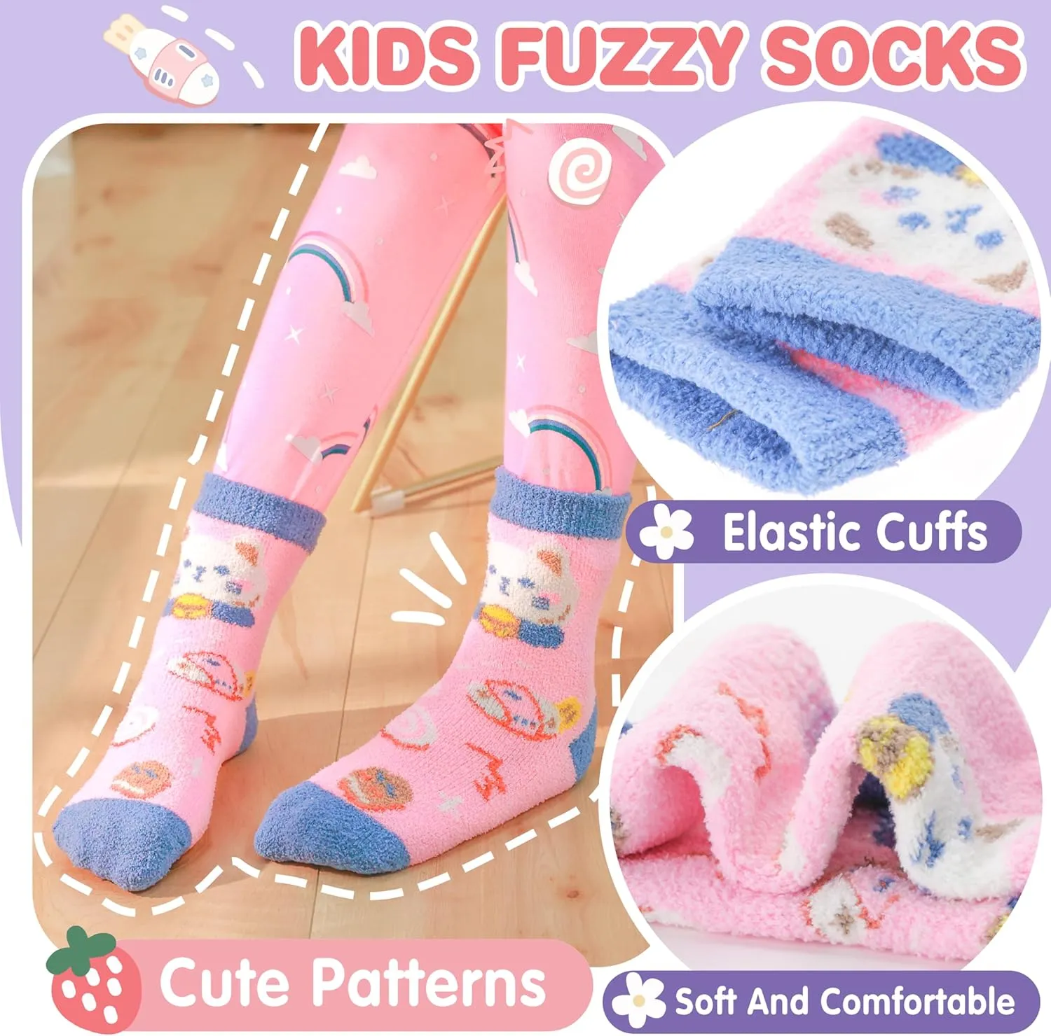 ANTSANG Kids Girls Toddlers Fuzzy Grips Socks with Grippers Non Slip Fluffy Warm Cozy Cabin Plush Crew Socks 6 Pairs