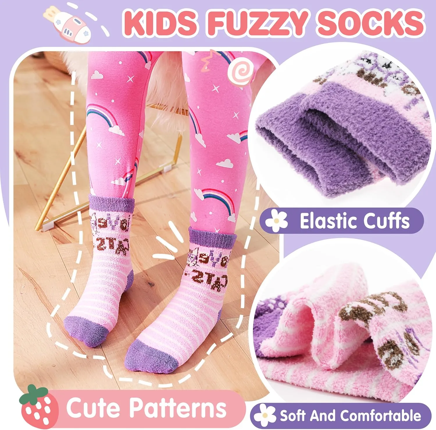 ANTSANG Kids Girls Toddlers Fuzzy Grips Socks with Grippers Non Slip Fluffy Warm Cozy Cabin Plush Crew Socks 6 Pairs