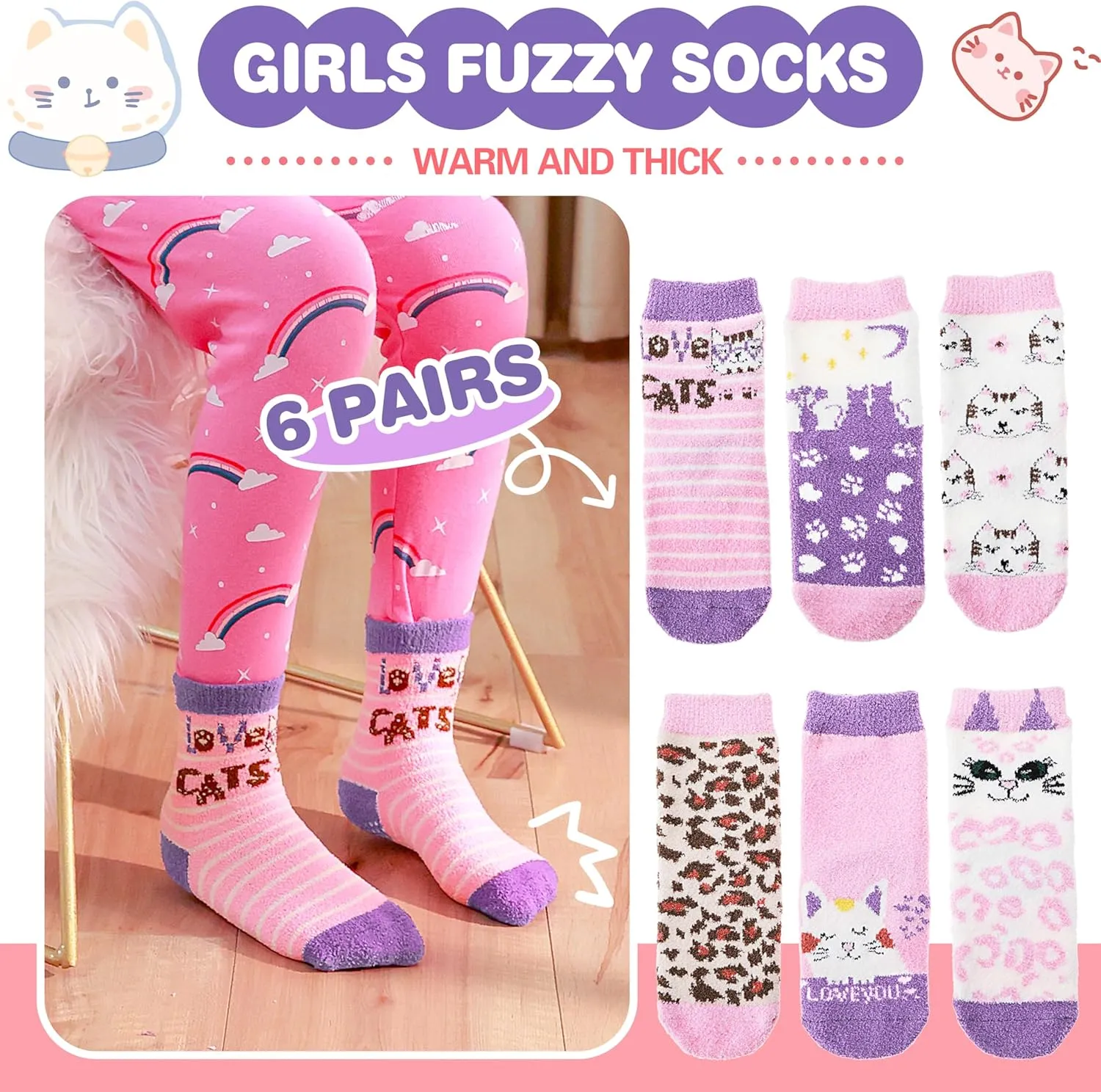 ANTSANG Kids Girls Toddlers Fuzzy Grips Socks with Grippers Non Slip Fluffy Warm Cozy Cabin Plush Crew Socks 6 Pairs