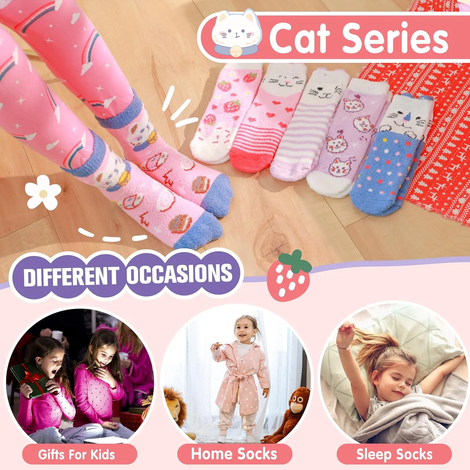 ANTSANG Kids Girls Toddlers Fuzzy Grips Socks with Grippers Non Slip Fluffy Warm Cozy Cabin Plush Crew Socks 6 Pairs