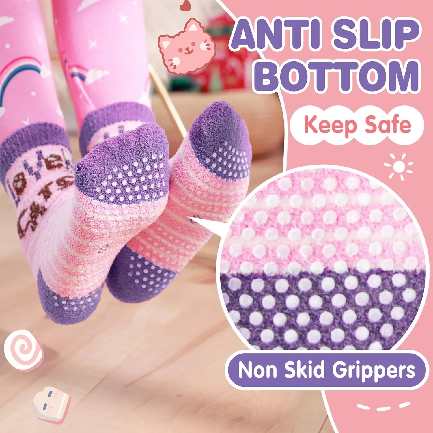 ANTSANG Kids Girls Toddlers Fuzzy Grips Socks with Grippers Non Slip Fluffy Warm Cozy Cabin Plush Crew Socks 6 Pairs