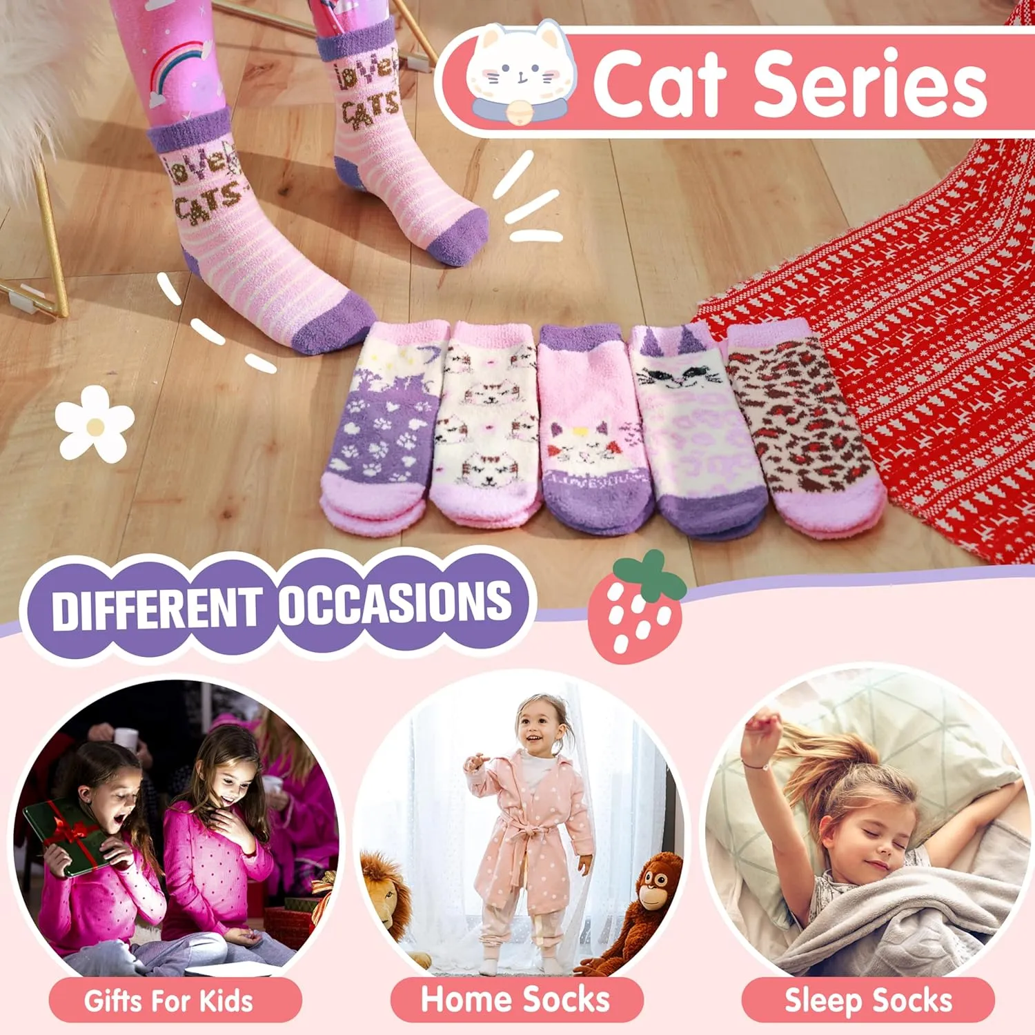 ANTSANG Kids Girls Toddlers Fuzzy Grips Socks with Grippers Non Slip Fluffy Warm Cozy Cabin Plush Crew Socks 6 Pairs