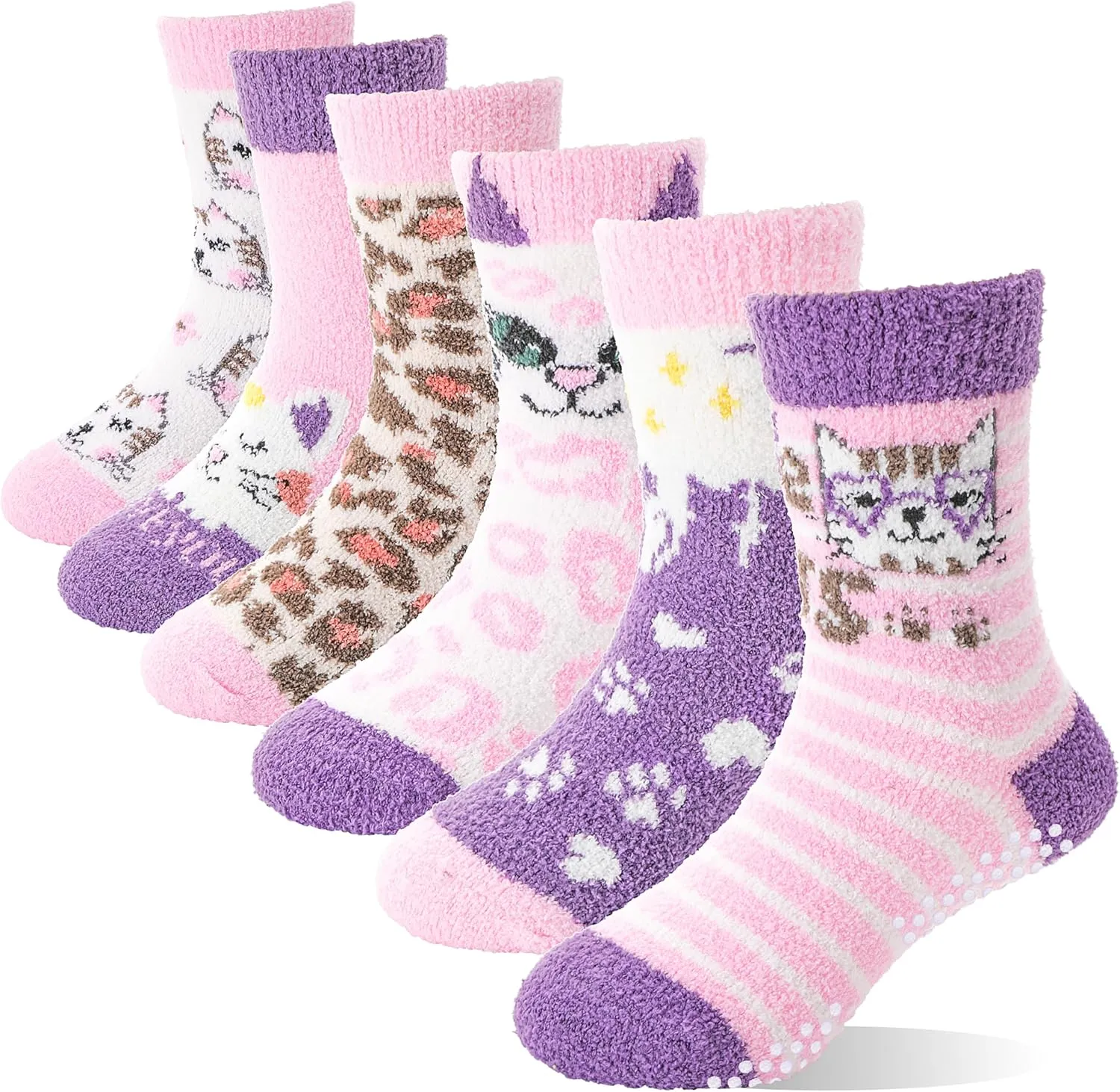 ANTSANG Kids Girls Toddlers Fuzzy Grips Socks with Grippers Non Slip Fluffy Warm Cozy Cabin Plush Crew Socks 6 Pairs