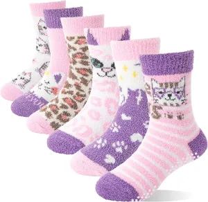 ANTSANG Kids Girls Toddlers Fuzzy Grips Socks with Grippers Non Slip Fluffy Warm Cozy Cabin Plush Crew Socks 6 Pairs