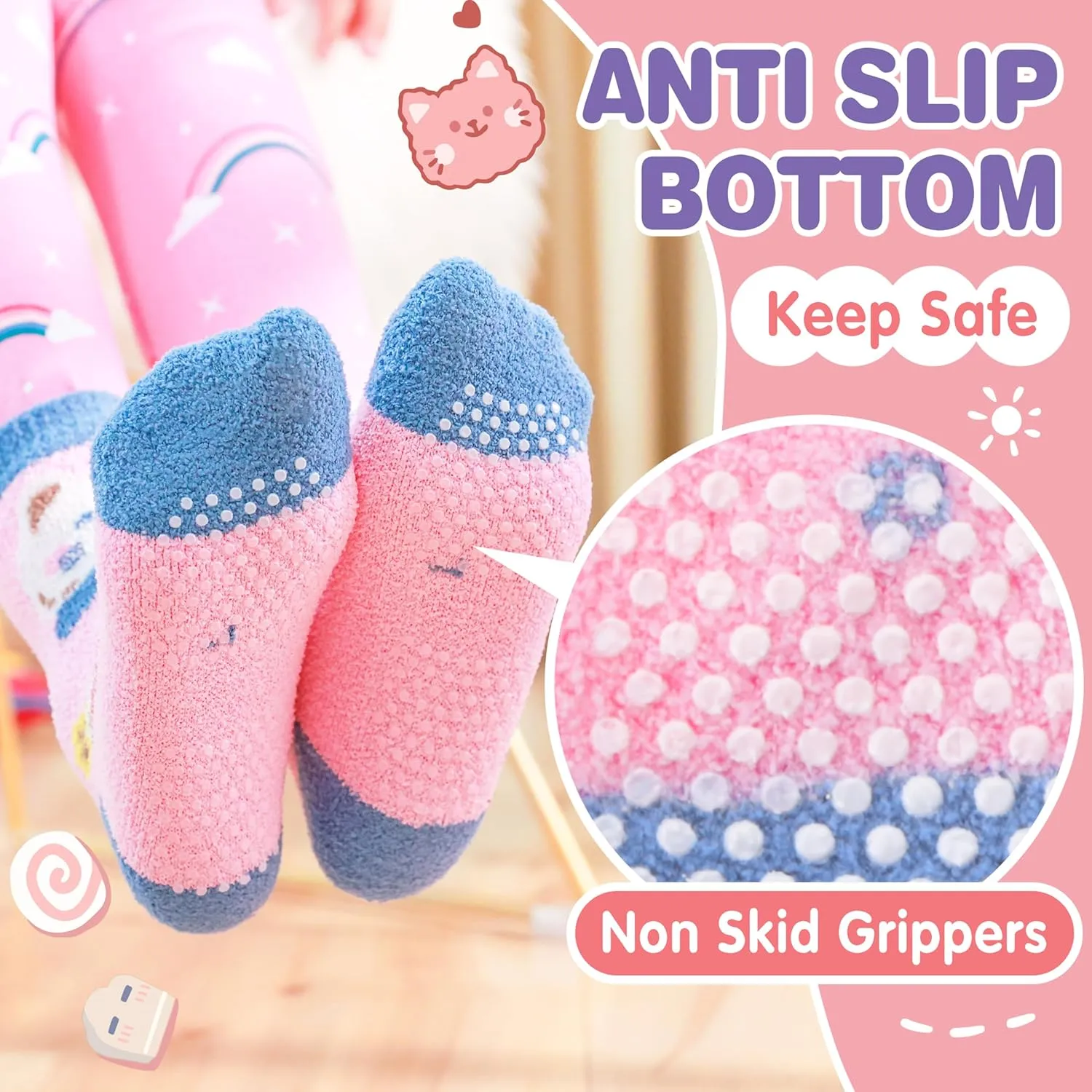 ANTSANG Kids Girls Toddlers Fuzzy Grips Socks with Grippers Non Slip Fluffy Warm Cozy Cabin Plush Crew Socks 6 Pairs