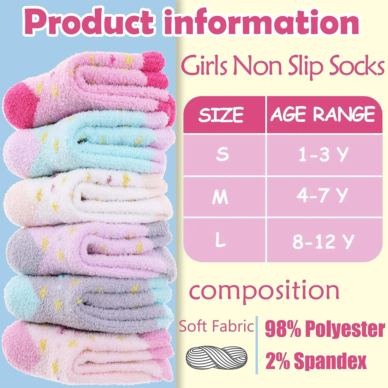 ANTSANG Kids Girls Toddlers Fuzzy Socks with Grips Non Slip Slipper Socks Fluffy Cozy Cabin Plush Warm Crew Socks 6 Pack
