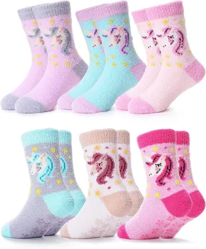 ANTSANG Kids Girls Toddlers Fuzzy Socks with Grips Non Slip Slipper Socks Fluffy Cozy Cabin Plush Warm Crew Socks 6 Pack