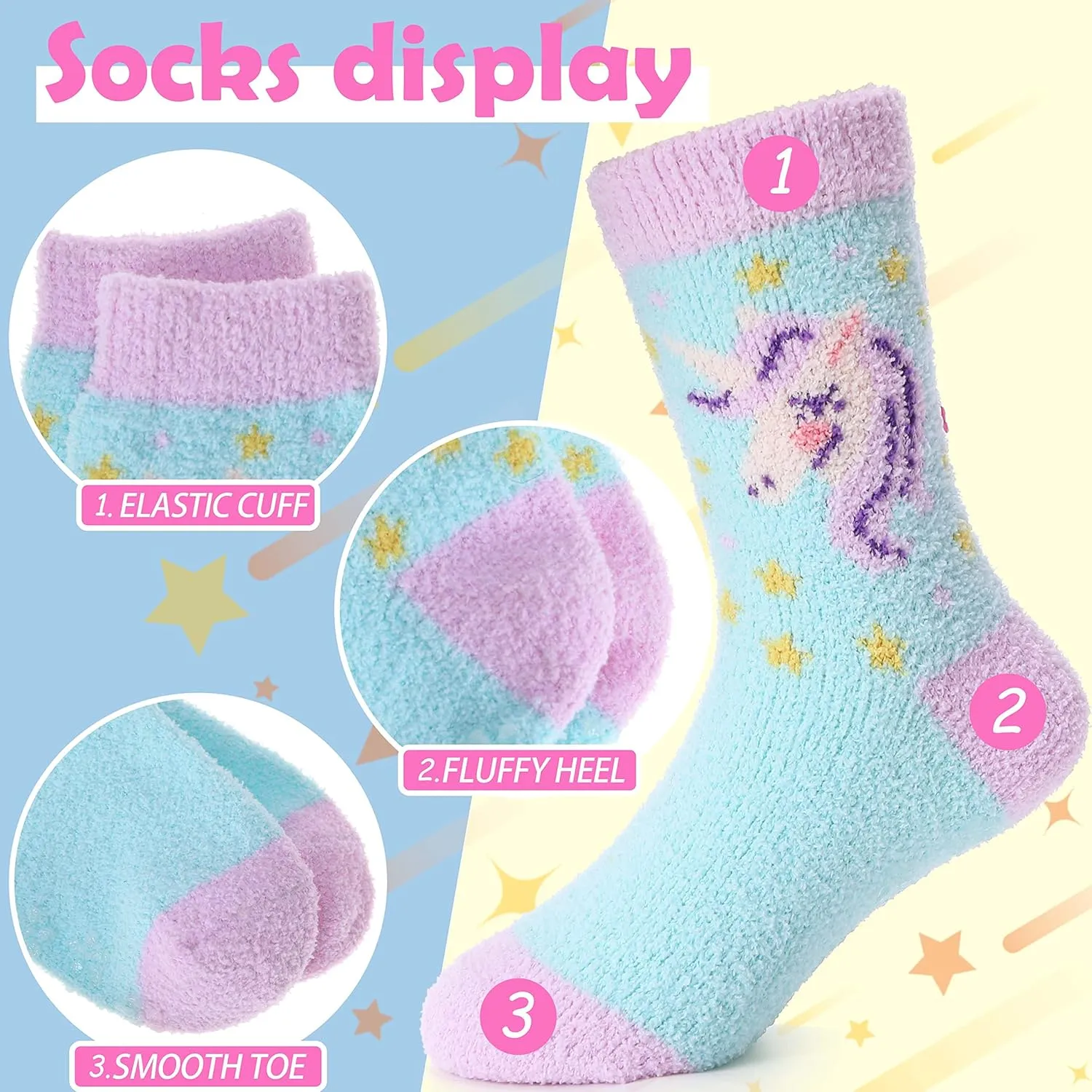 ANTSANG Kids Girls Toddlers Fuzzy Socks with Grips Non Slip Slipper Socks Fluffy Cozy Cabin Plush Warm Crew Socks 6 Pack