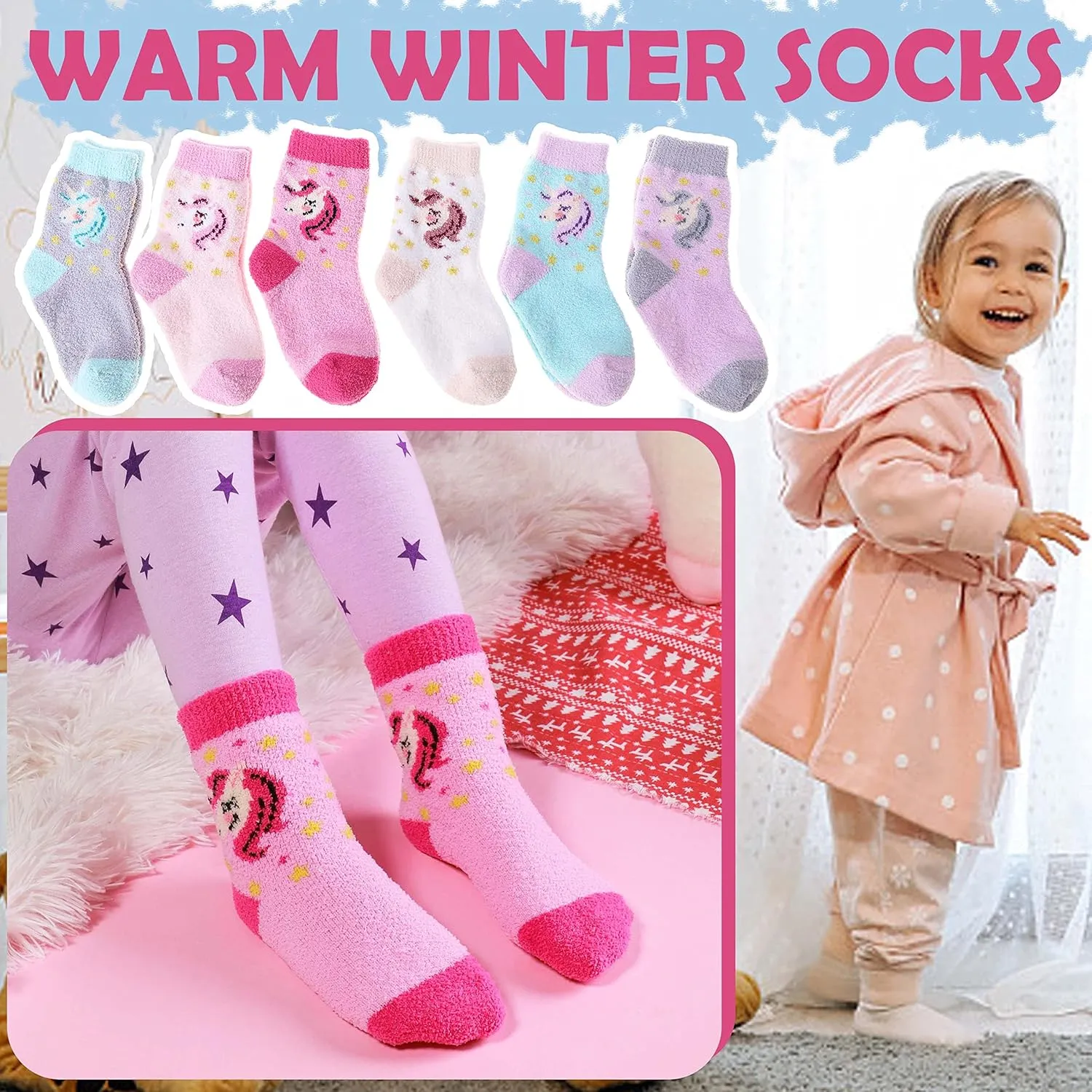 ANTSANG Kids Girls Toddlers Fuzzy Socks with Grips Non Slip Slipper Socks Fluffy Cozy Cabin Plush Warm Crew Socks 6 Pack