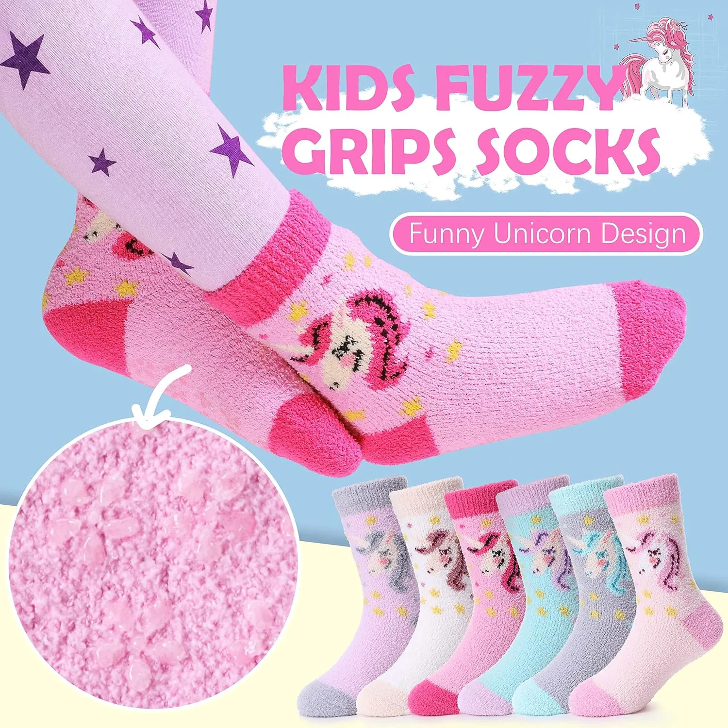 ANTSANG Kids Girls Toddlers Fuzzy Socks with Grips Non Slip Slipper Socks Fluffy Cozy Cabin Plush Warm Crew Socks 6 Pack