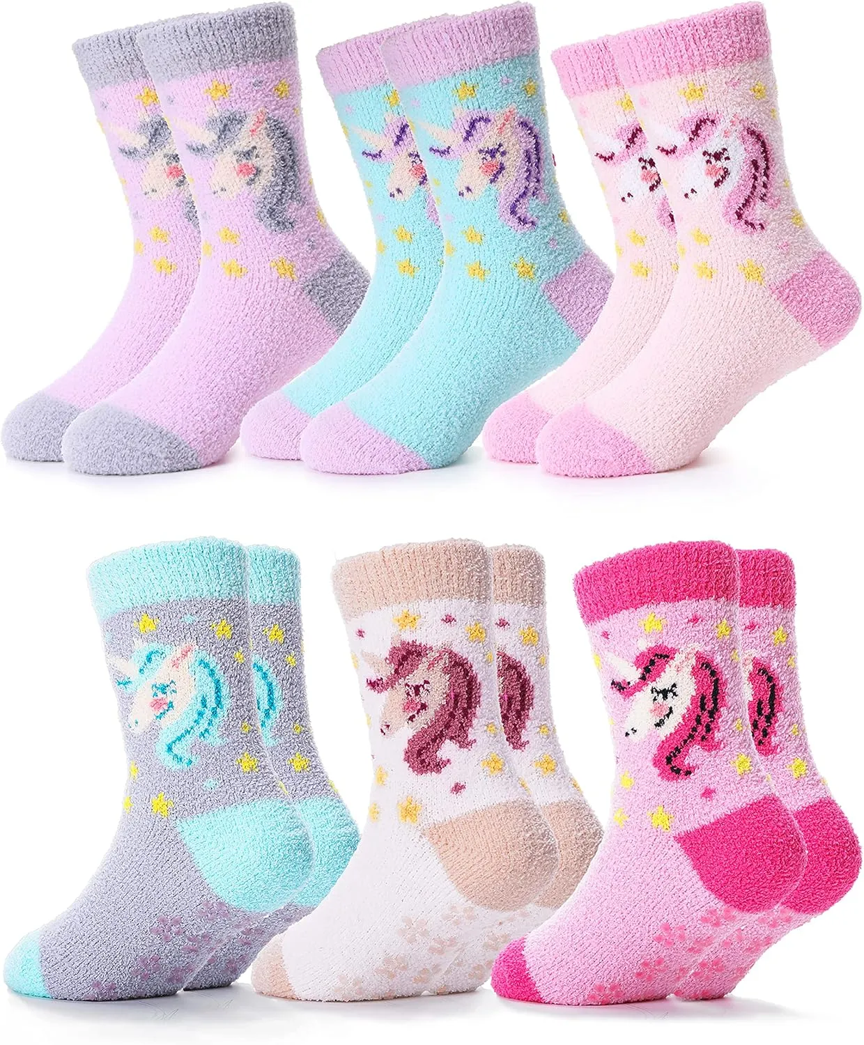 ANTSANG Kids Girls Toddlers Fuzzy Socks with Grips Non Slip Slipper Socks Fluffy Cozy Cabin Plush Warm Crew Socks 6 Pack