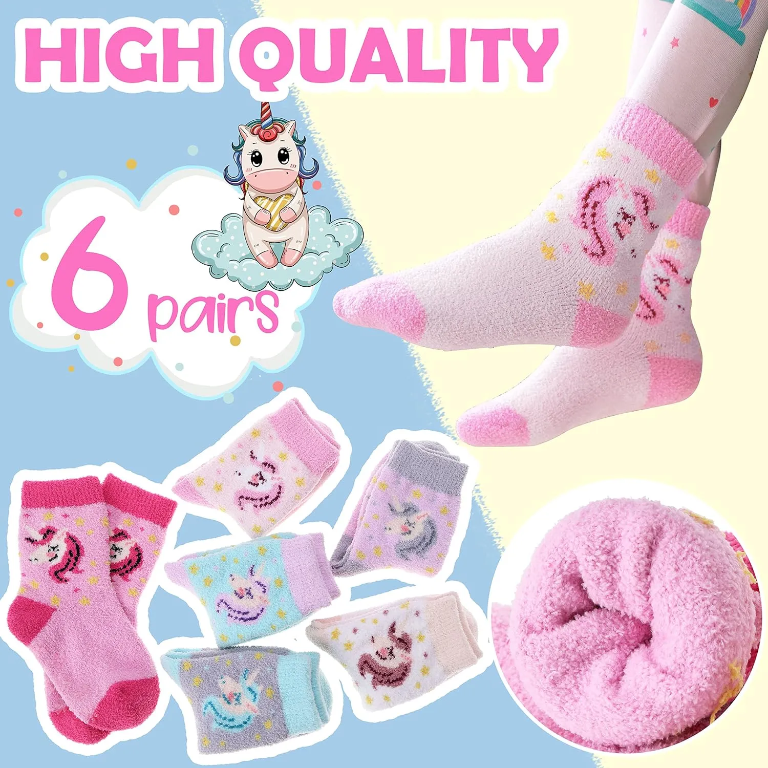 ANTSANG Kids Girls Toddlers Fuzzy Socks with Grips Non Slip Slipper Socks Fluffy Cozy Cabin Plush Warm Crew Socks 6 Pack
