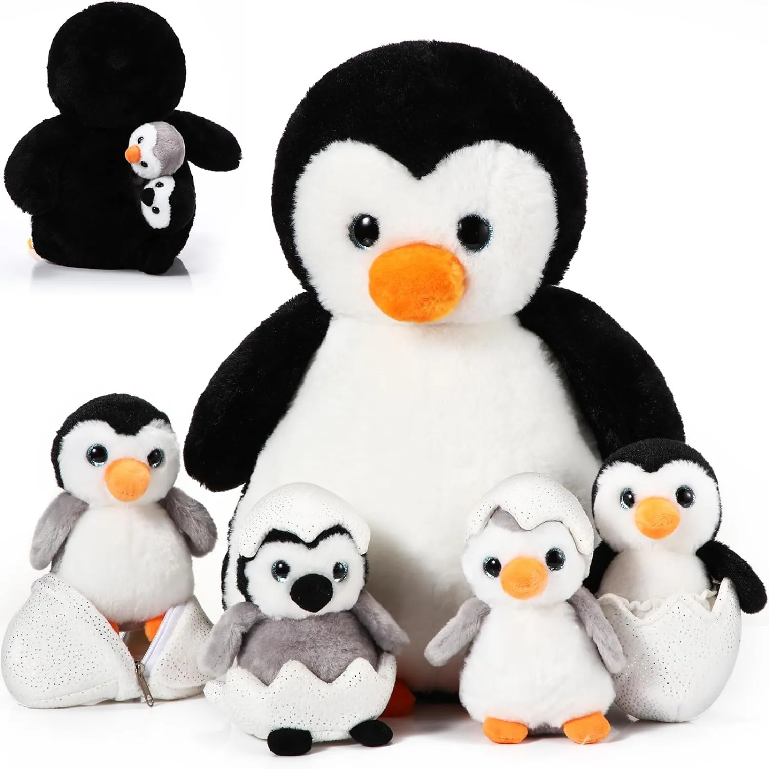 Aoriher 7 Pcs Penguin Stuffed Animal Sets 14 Inch Mommy Penguin and Plush Babies with 2 Eggs Wrapping Soft Cute Animal Plushie for Graduation Kids Exchange Gifts