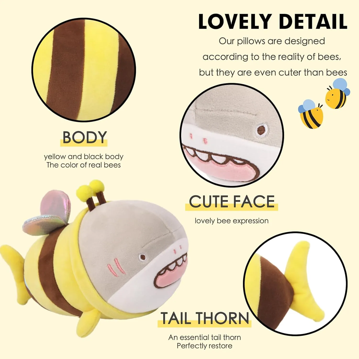 ARELUX 10in Bee Plush Pillow Stuffed Animal,Fuzzy Yellow Honeybee Shark Plushie Doll Pillow,Stuffed Shark Pillow,Soft Anime Bee Pillow Toy Friends Family Member