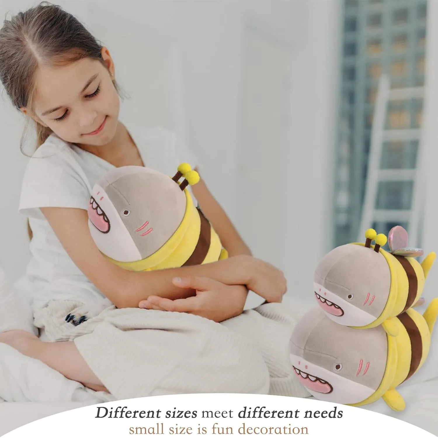 ARELUX 10in Bee Plush Pillow Stuffed Animal,Fuzzy Yellow Honeybee Shark Plushie Doll Pillow,Stuffed Shark Pillow,Soft Anime Bee Pillow Toy Friends Family Member