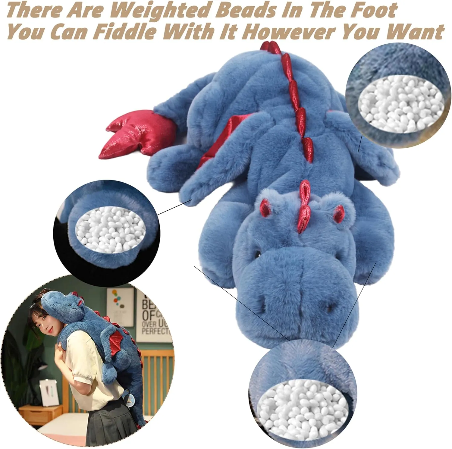 ARELUX Large 37in Cute Dragon Stuffed Animals Plush Toy Soft Blue Pterosaur Plushie Giant Fuzzy Dinosaur Pillow Plushies with Wings Cuddly for Friends Family Member