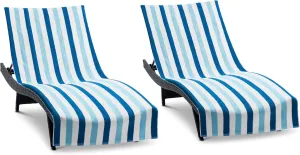 Arkwright Cabo Chaise Lounge Cover - Pack of 2 - Striped Soft Cotton Cabana Towel with Pocket Holder for Beach Pool Outdoor Chair, 30 x 85 in., Tropical Breeze/Skydive Blue