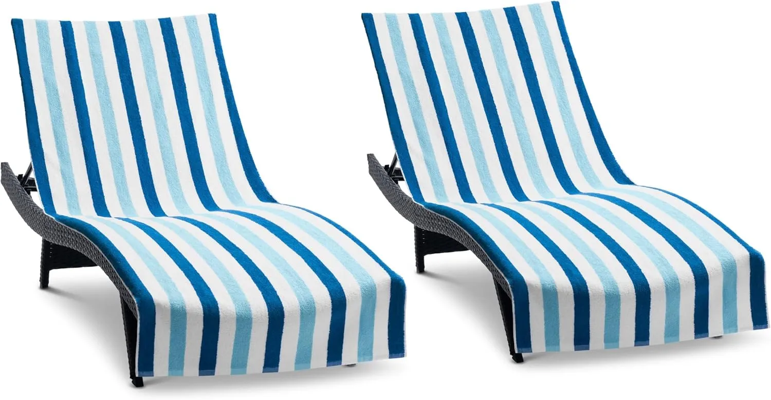Arkwright Cabo Chaise Lounge Cover - Pack of 2 - Striped Soft Cotton Cabana Towel with Pocket Holder for Beach Pool Outdoor Chair, 30 x 85 in., Tropical Breeze/Skydive Blue