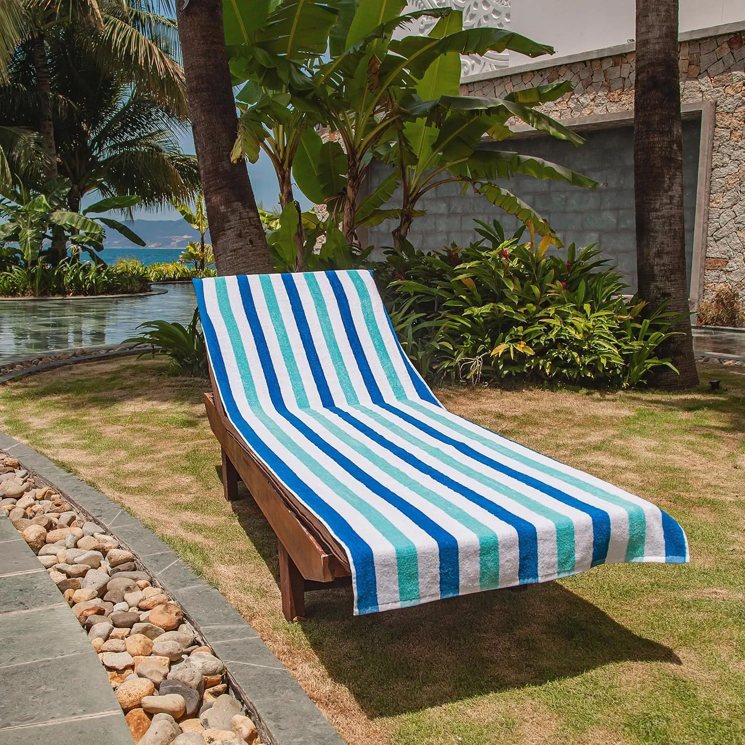 Arkwright Cabo Chaise Lounge Cover - Pack of 2 - Striped Soft Cotton Cabana Towel with Pocket Holder for Beach Pool Outdoor Chair, 30 x 85 in., Tropical Breeze/Skydive Blue