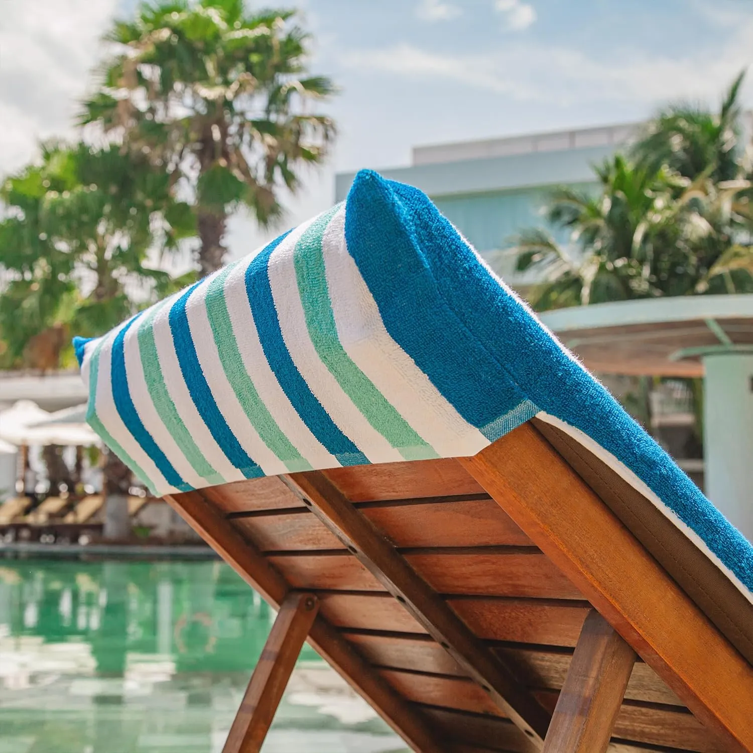 Arkwright Cabo Chaise Lounge Cover - Pack of 2 - Striped Soft Cotton Cabana Towel with Pocket Holder for Beach Pool Outdoor Chair, 30 x 85 in., Tropical Breeze/Skydive Blue