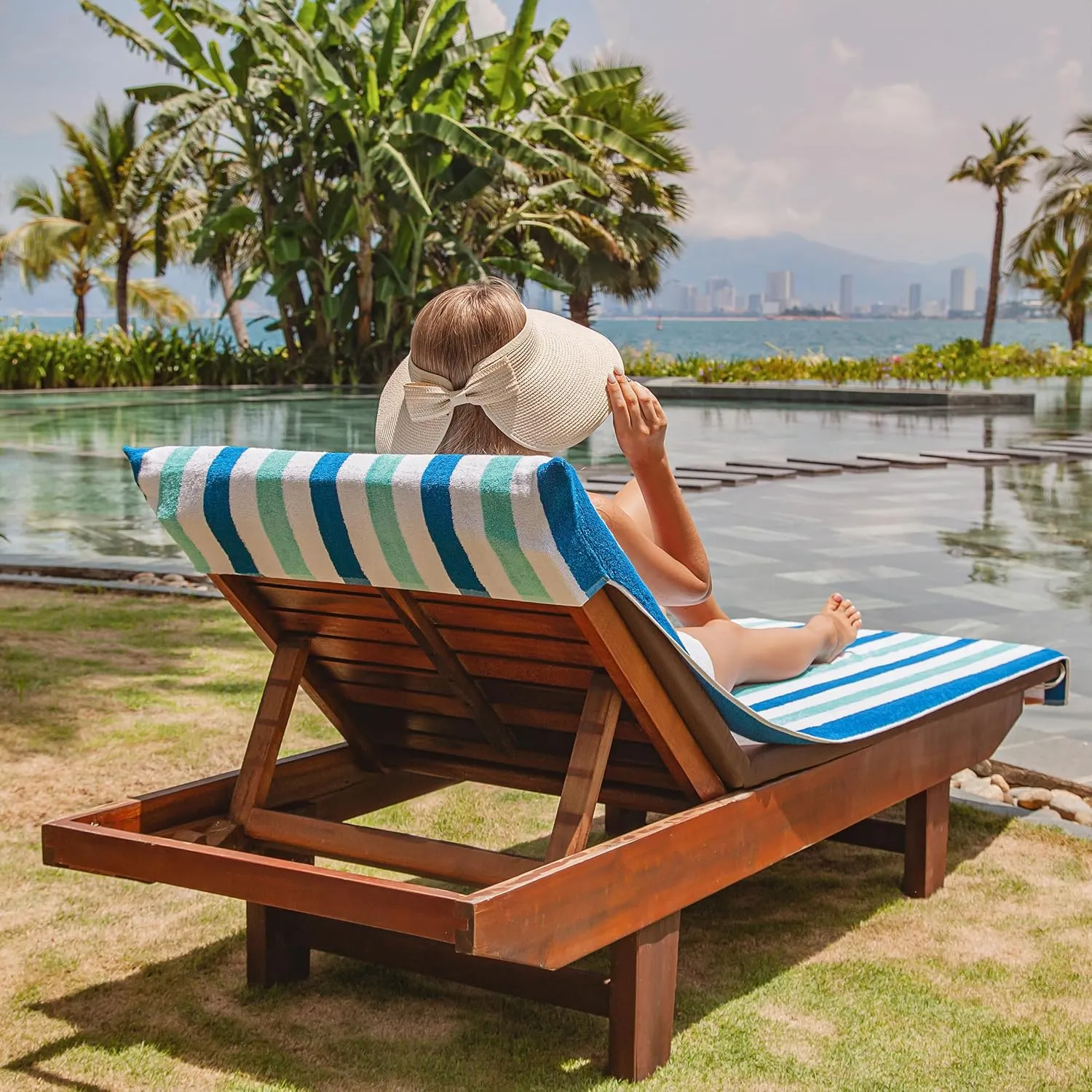 Arkwright Cabo Chaise Lounge Cover - Pack of 2 - Striped Soft Cotton Cabana Towel with Pocket Holder for Beach Pool Outdoor Chair, 30 x 85 in., Tropical Breeze/Skydive Blue