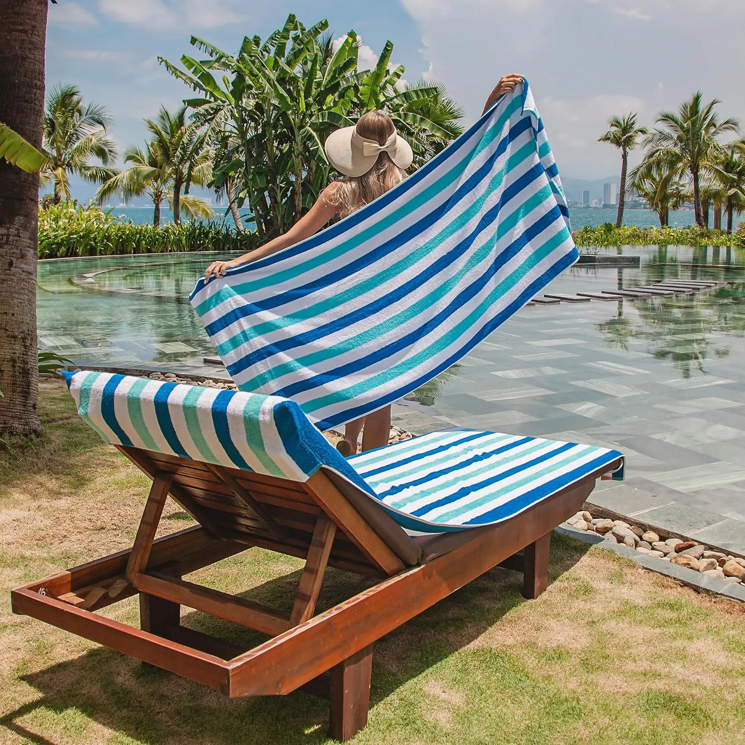Arkwright Cabo Chaise Lounge Cover - Pack of 2 - Striped Soft Cotton Cabana Towel with Pocket Holder for Beach Pool Outdoor Chair, 30 x 85 in., Tropical Breeze/Skydive Blue