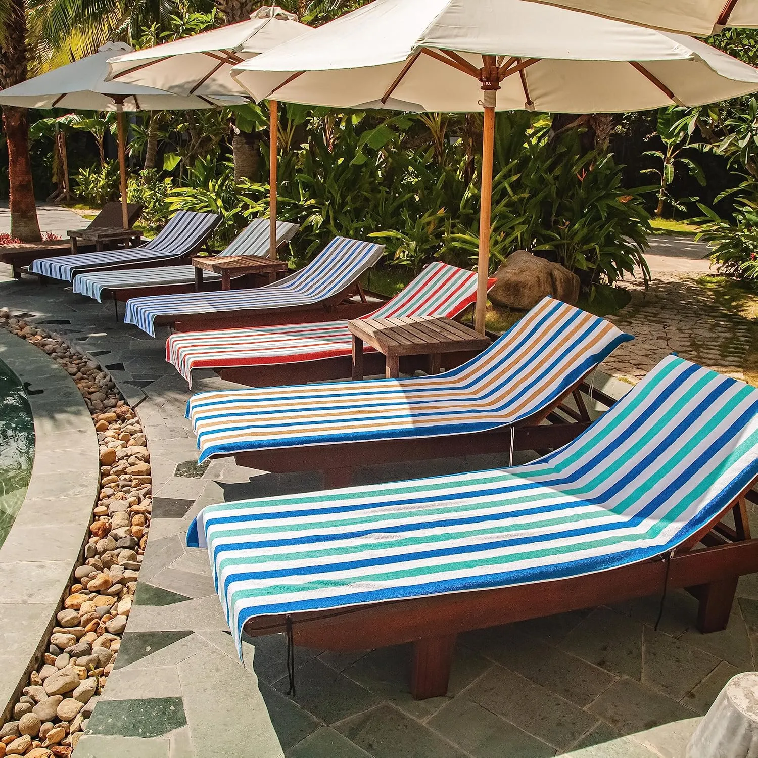 Arkwright Cabo Chaise Lounge Cover - Pack of 2 - Striped Soft Cotton Cabana Towel with Pocket Holder for Beach Pool Outdoor Chair, 30 x 85 in., Tropical Breeze/Skydive Blue